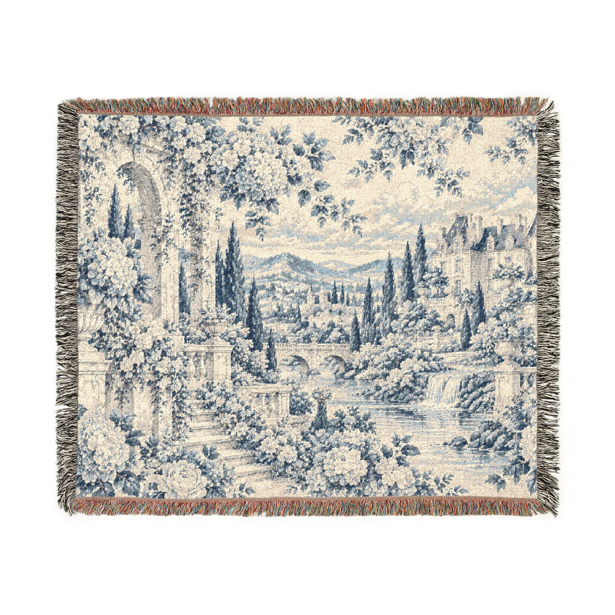 Faded Blue & Ivory Toile de Jouy Chateau Woven Blanket – French Country Tapestry Throw, Romantic Vintage Decor