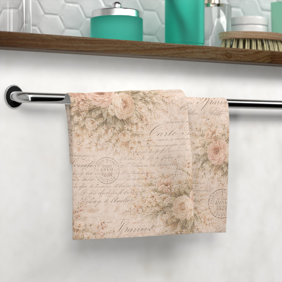Chateaucore Vintage Soft Blush Pink Roses French Script Washcloth, Floral French Country Shabby Chic Face Towel Housewarming Gift