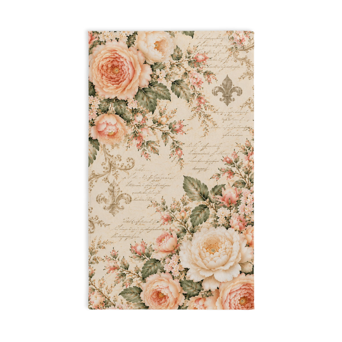 Peach Rose Château Hand Towel, French Country Script Fleur de Lis, Peach Floral Towel, Soft Sage Chateaucore Bathroom Decor