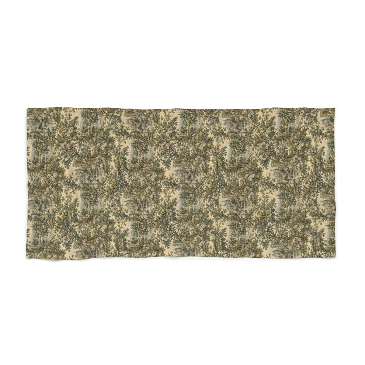 French Verdure Château Garden Large Towel, Vintage Green Aubusson Swan Floral French Country Chateaucore Oversized Bath Towel