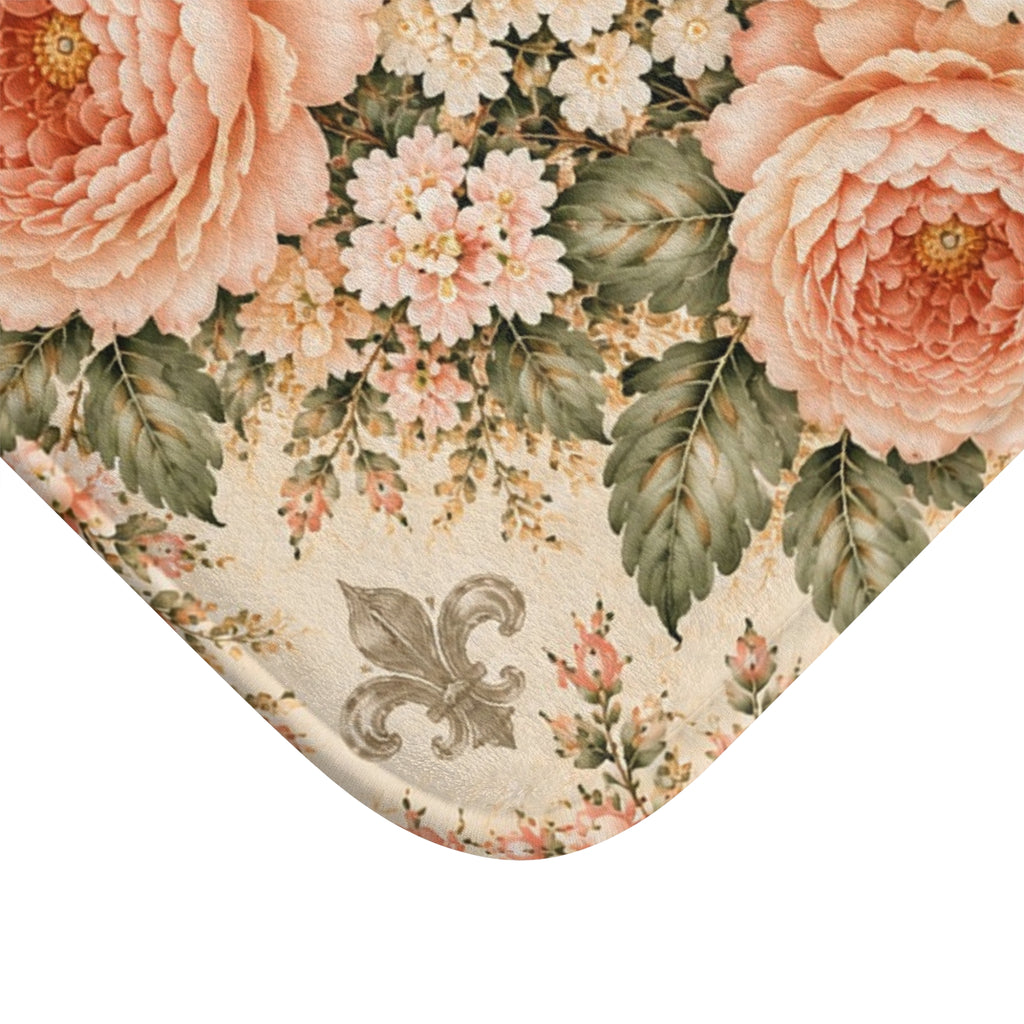 Peach Rose Château Memory Foam Bathmat, Cushioned Mat French Country Peach Floral Bathroom Rug, Sage Green Chateaucore Bath Decor