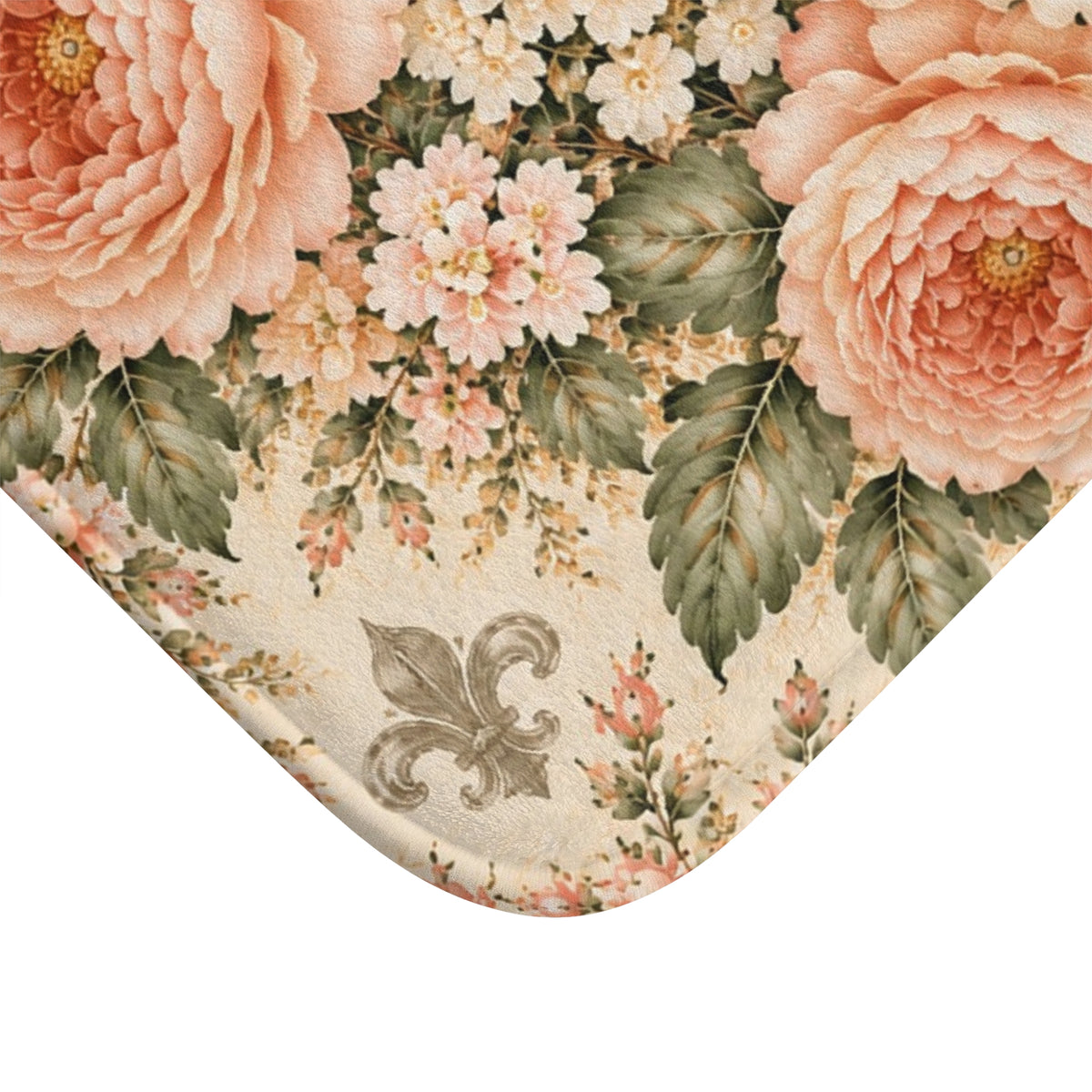 Peach Rose Château Memory Foam Bathmat, Cushioned Mat French Country Peach Floral Bathroom Rug, Sage Green Chateaucore Bath Decor