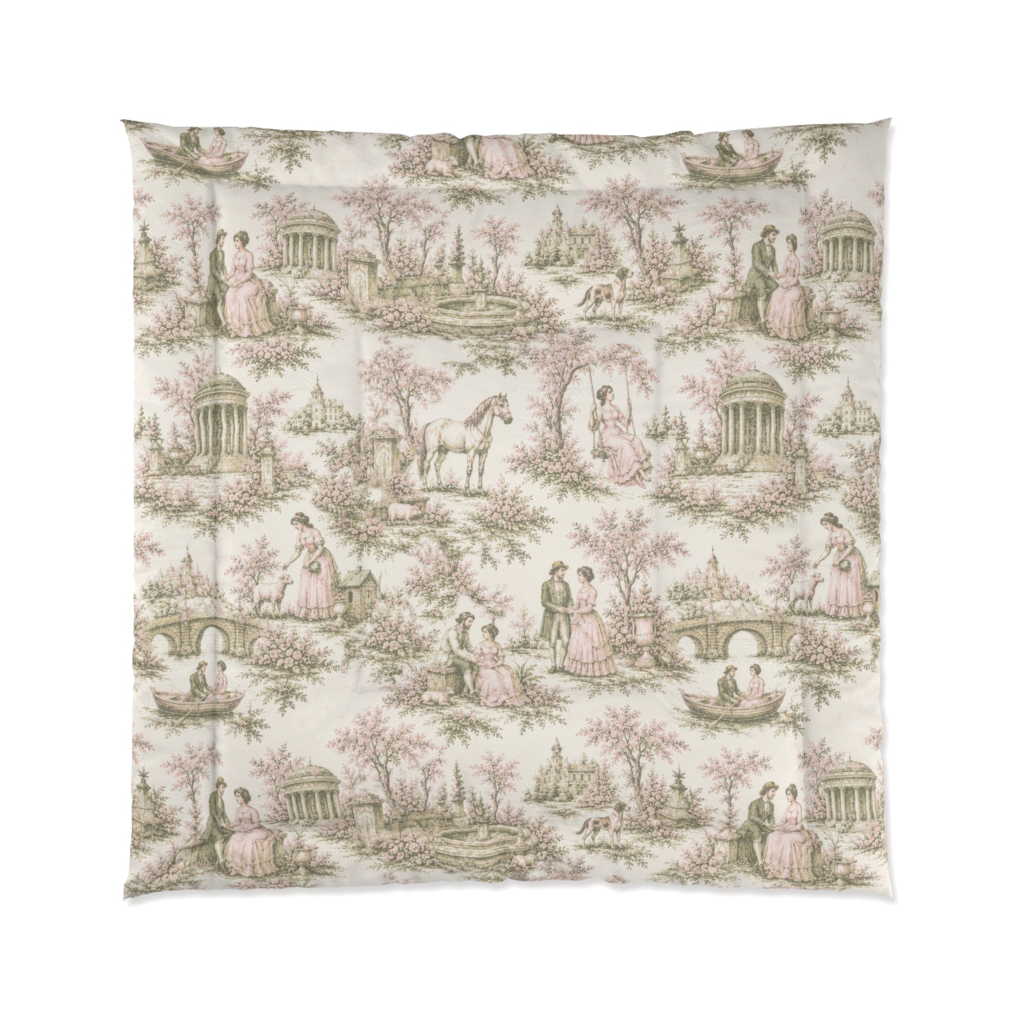Rare Pink and Sage Toile de Joy Comforter Set, Chateaucore Floral Vintage Style Bedding Shabby Chic Victorian Queen King Twin Size French Bed Spread