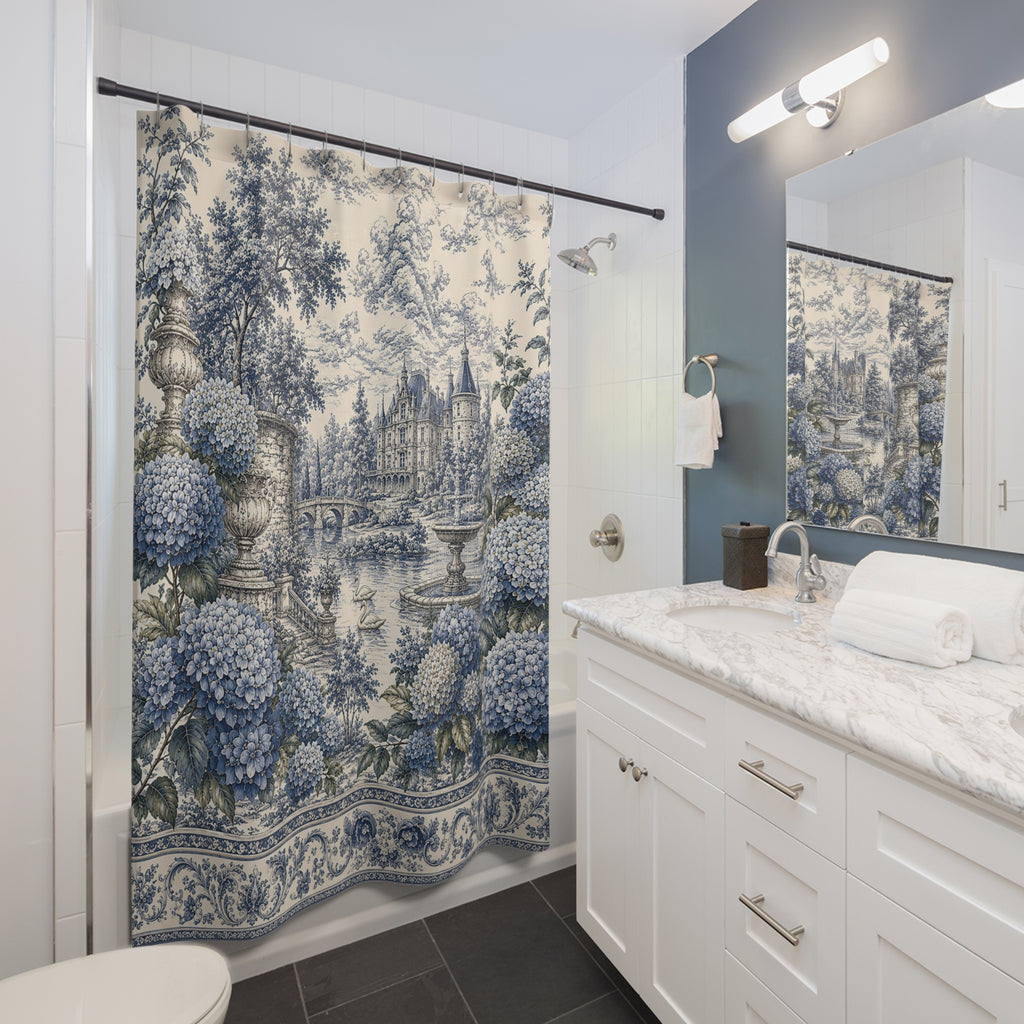 Blue Hydrangea Château Garden Fabric Shower Curtain – Swans Pond French Country Blue Floral Bathroom, Chateaucore Hydrangea Decor French Country Decor
