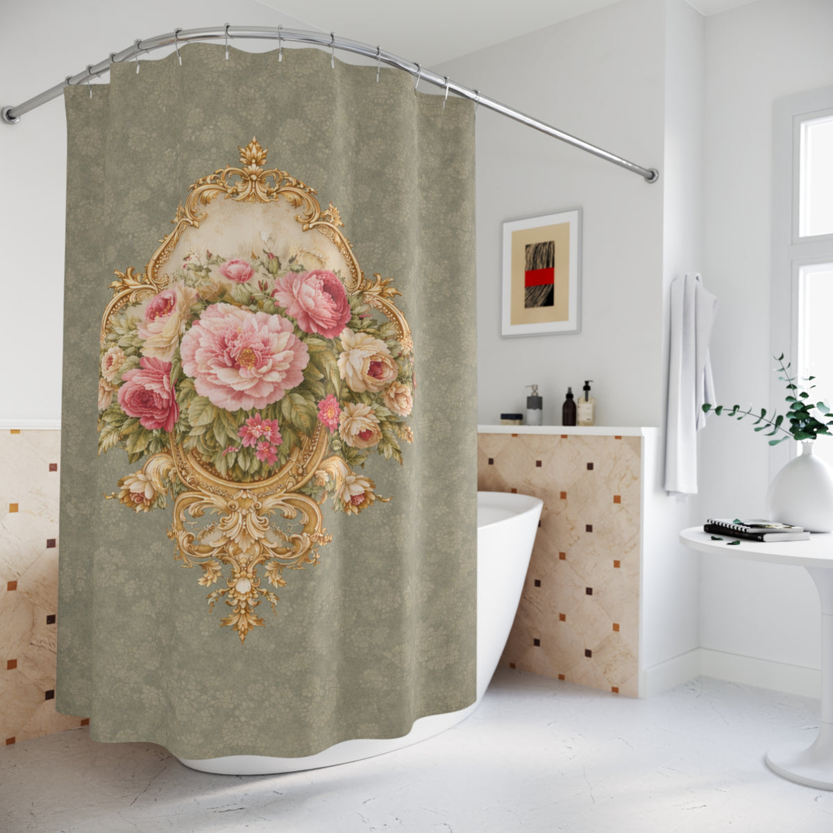 Green Pink Gold Rose Floral Shower Curtain, Victorian Bathroom Decor Vintage French Country Cottage Shabby Chic Home, Housewarming Gift
