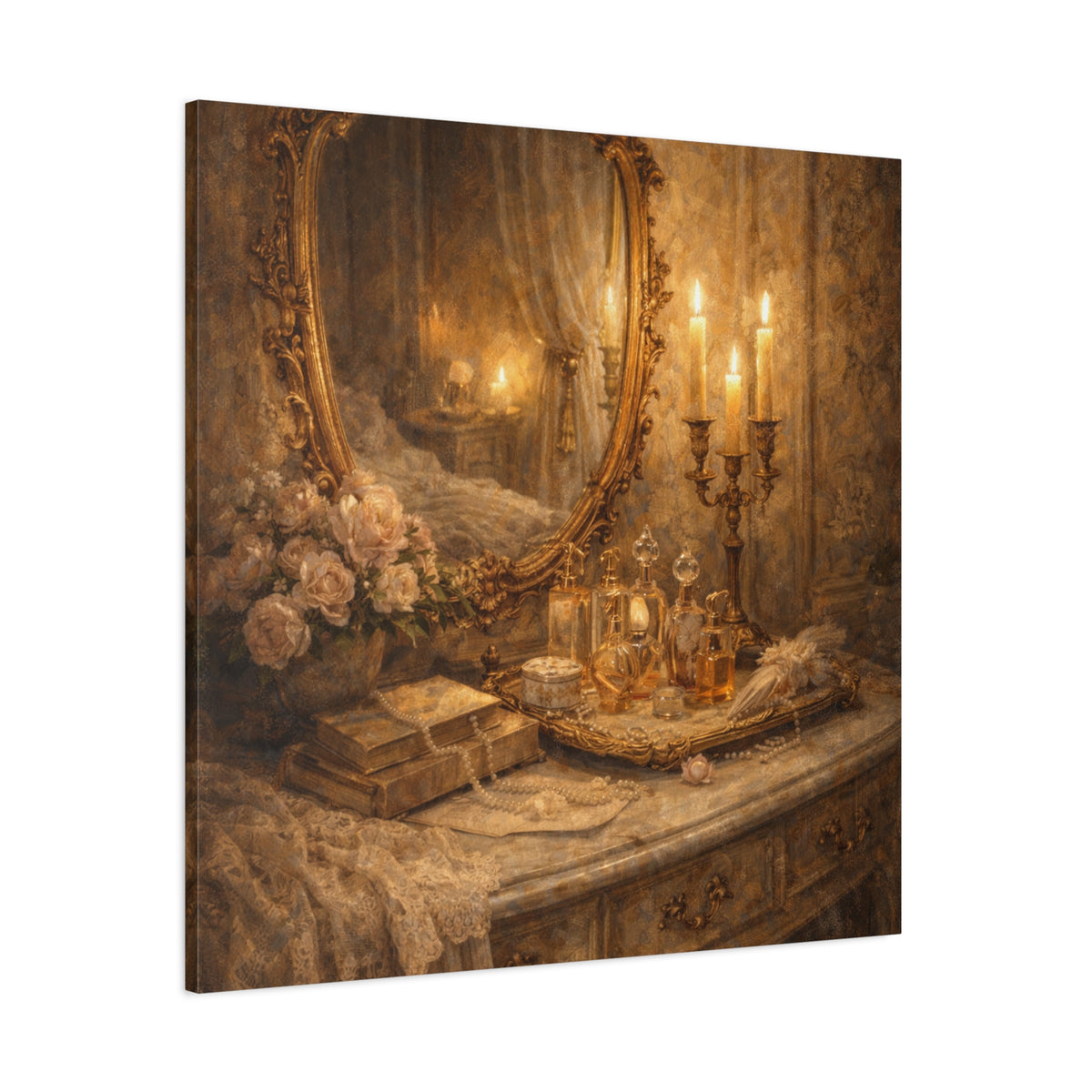 French Country Perfume Vanity Canvas Wall Art Print, Chateaucore Floral Wall Hanging Decor, Victorian Romantic Home Decor, Gift Mom Grandma