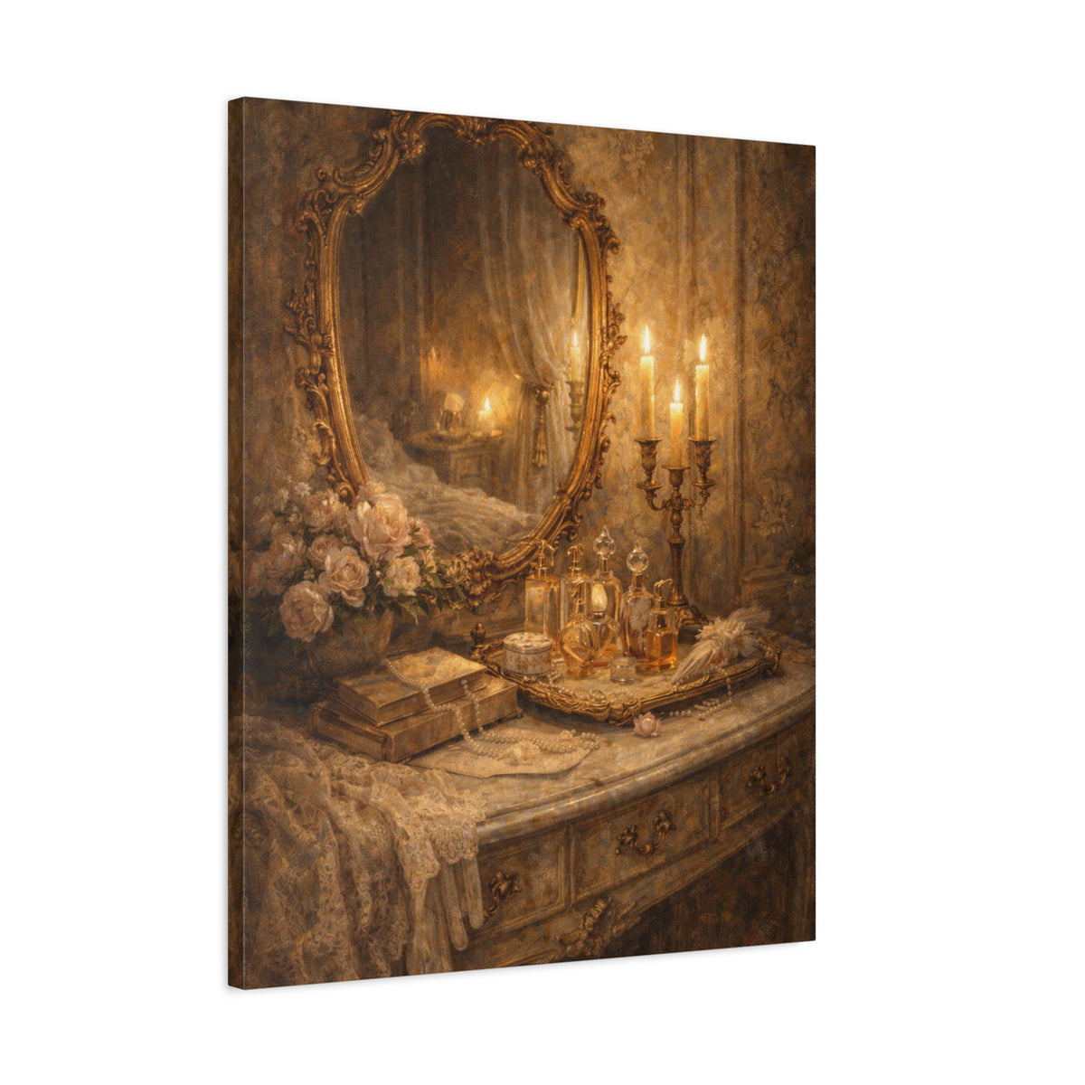 French Country Perfume Vanity Canvas Wall Art Print, Chateaucore Floral Wall Hanging Decor, Victorian Romantic Home Decor, Gift Mom Grandma