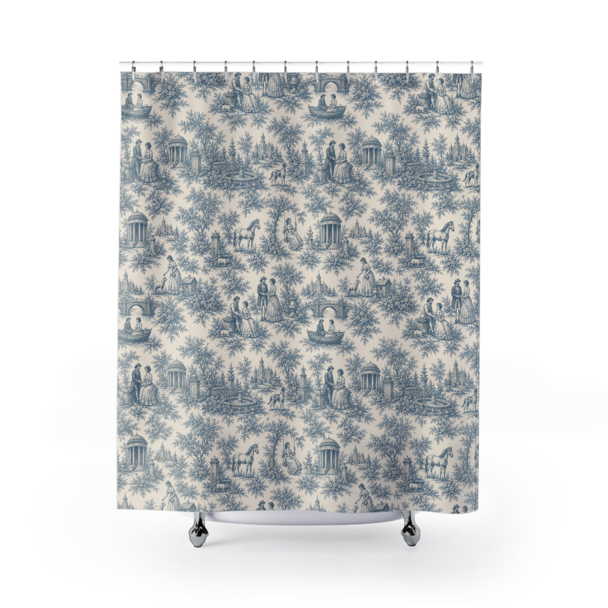 Dusty Blue French Toile Shower Curtain – Chateaucore French Country Bathroom Decor – Romantic Blue Bath Curtain