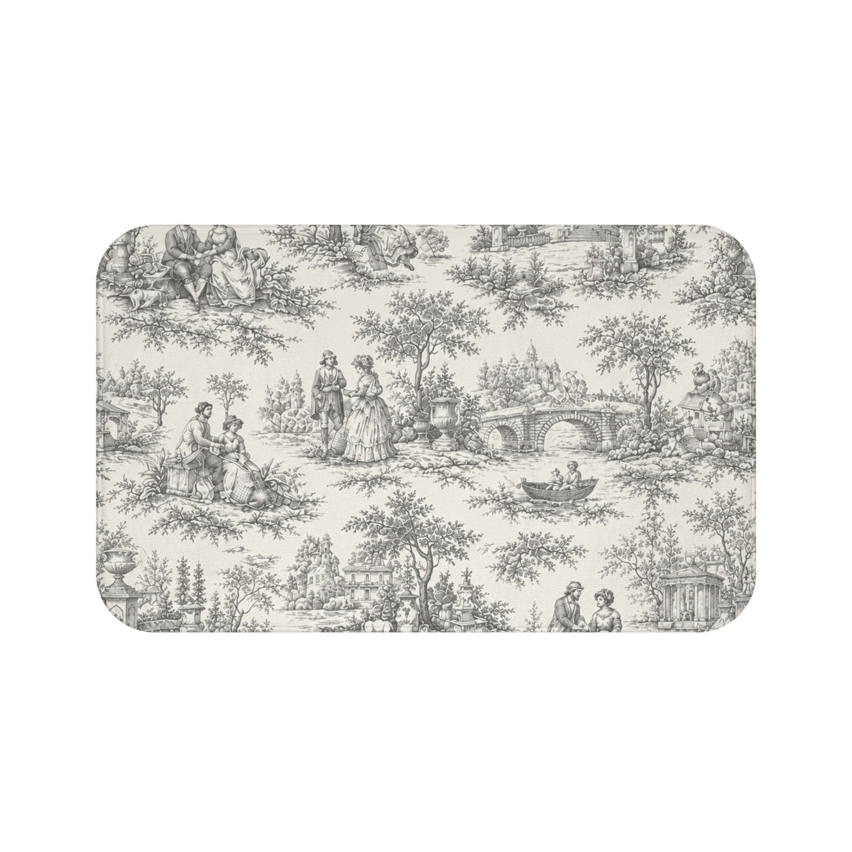 Nickel Gray and Ivory Toile de Jouy Memory Foam Bathmat, French Country Soft Neutral Bathroom Throw Rug, Shabby Chic Victorian Shower