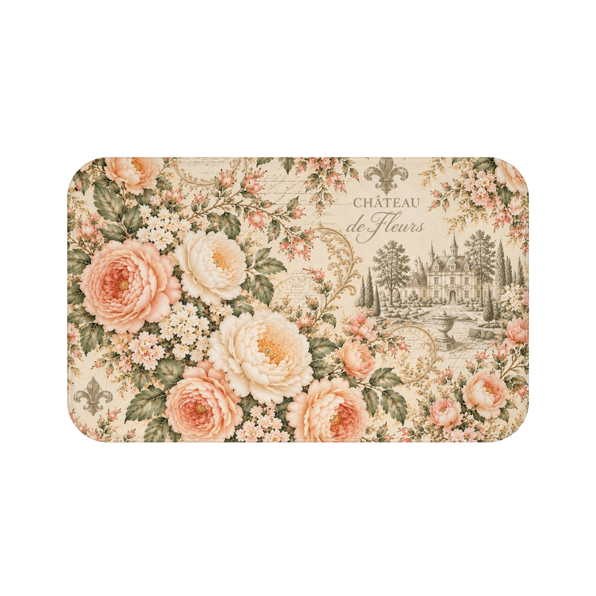 Peach Rose Château Memory Foam Bathmat, Cushioned Mat French Country Peach Floral Bathroom Rug, Sage Green Chateaucore Bath Decor