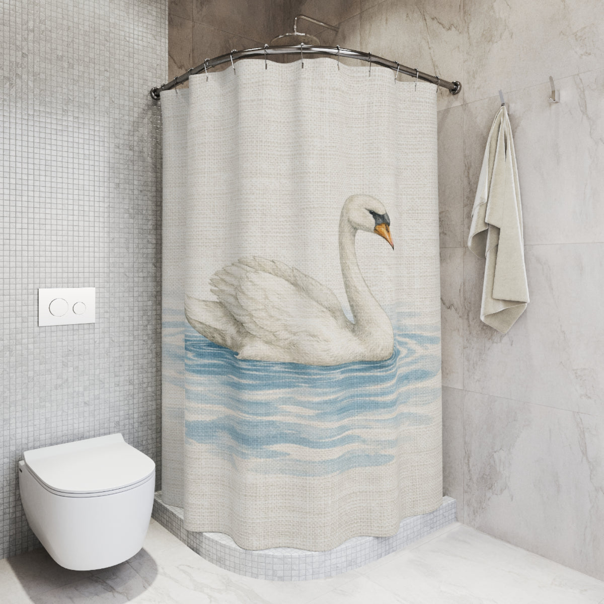 Faux Linen Swan Shower White Blue Curtain, Victorian Bathroom Decor, French Country Cottage, Shabby Chic, Housewarming Wedding Gifts
