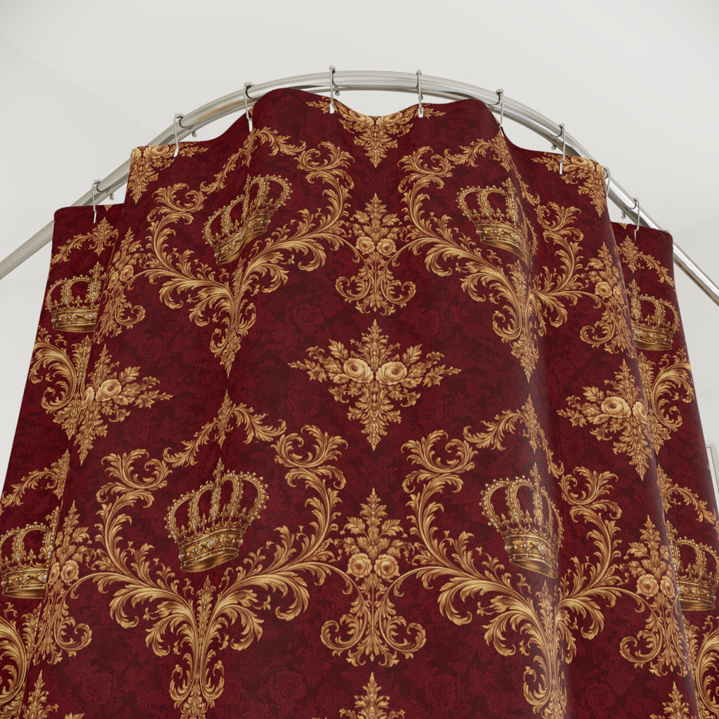 Luxury Burgundy Gold Crown Shower Curtain, Victorian Bathroom Decor, French Country, Rococo Royal Housewarming Gifts