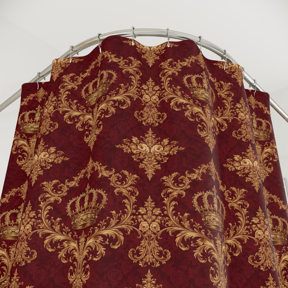 Luxury Burgundy Gold Crown Shower Curtain, Victorian Bathroom Decor, French Country, Rococo Royal Housewarming Gifts