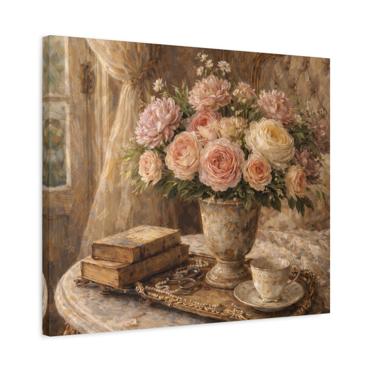 French Country Books Roses Canvas Wall Art Print, Chateaucore Floral Wall Hanging Decor, Victorian Romantic Home Decor, Gift Mom Grandma