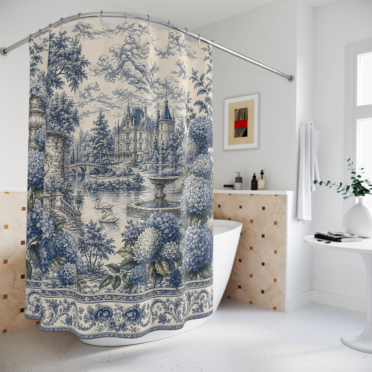 Blue Hydrangea Château Garden Fabric Shower Curtain – Swans Pond French Country Blue Floral Bathroom, Chateaucore Hydrangea Decor French Country Decor