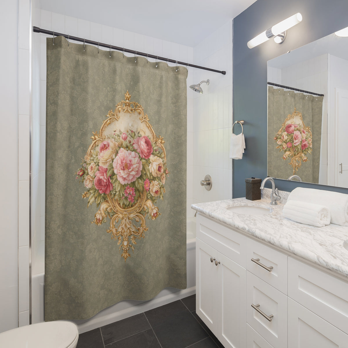 Green Pink Gold Rose Floral Shower Curtain, Victorian Bathroom Decor Vintage French Country Cottage Shabby Chic Home, Housewarming Gift
