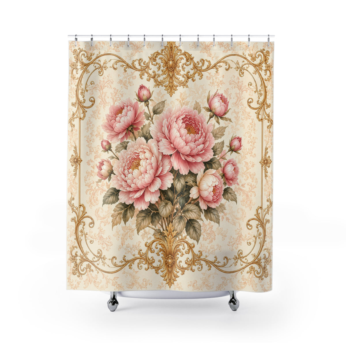 Pink Peonies Roses Floral Gold Scrollwork Fabric Shower Curtain, Victorian Rococo Decor, French Country Cottage, Shabby Chic Bathroom Makeover