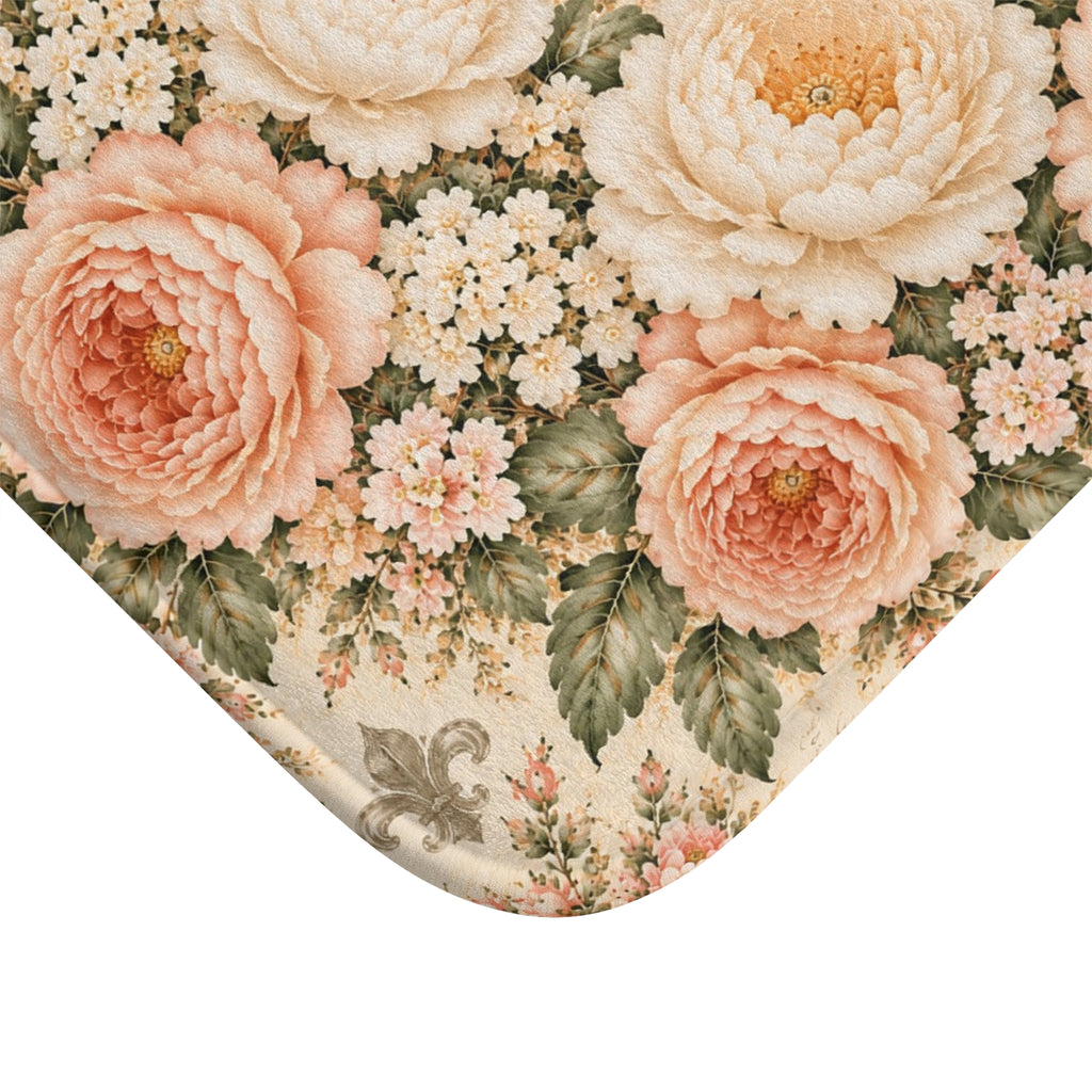 Peach Rose Château Memory Foam Bathmat, Cushioned Mat French Country Peach Floral Bathroom Rug, Sage Green Chateaucore Bath Decor
