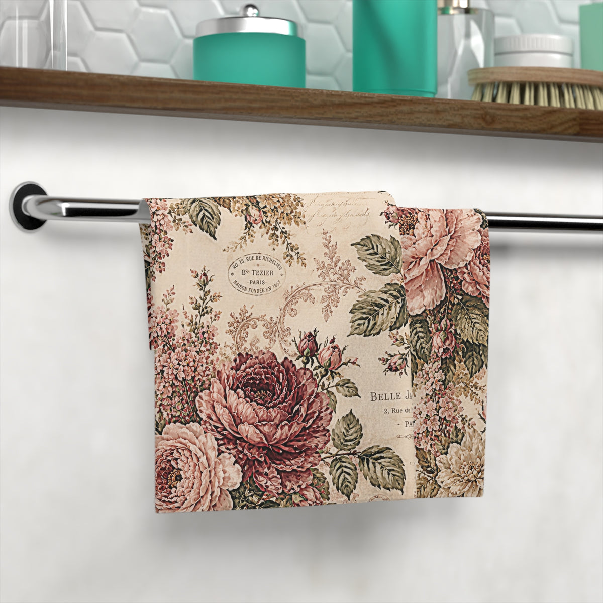 Vintage French Rose Washcloth – Burgundy & Blush Floral Paris Botanical Face Cloth, Victorian Chateaucore Bathroom Decor