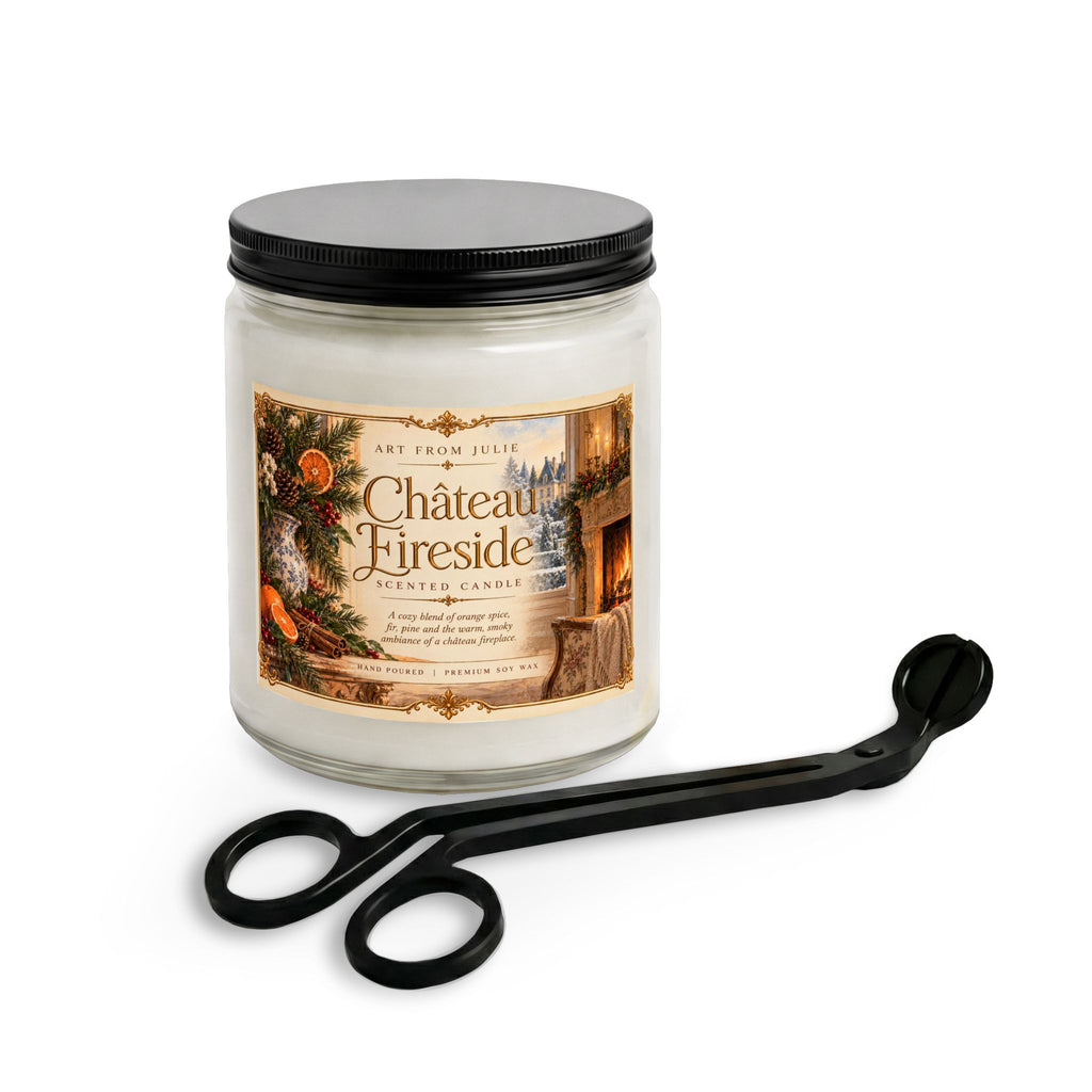 Château Fireside Candle Gift Set, Orange Spice, Fir & Pine Scented Candle with Matte Black Wick Trimmer, French Country Home Fragrance
