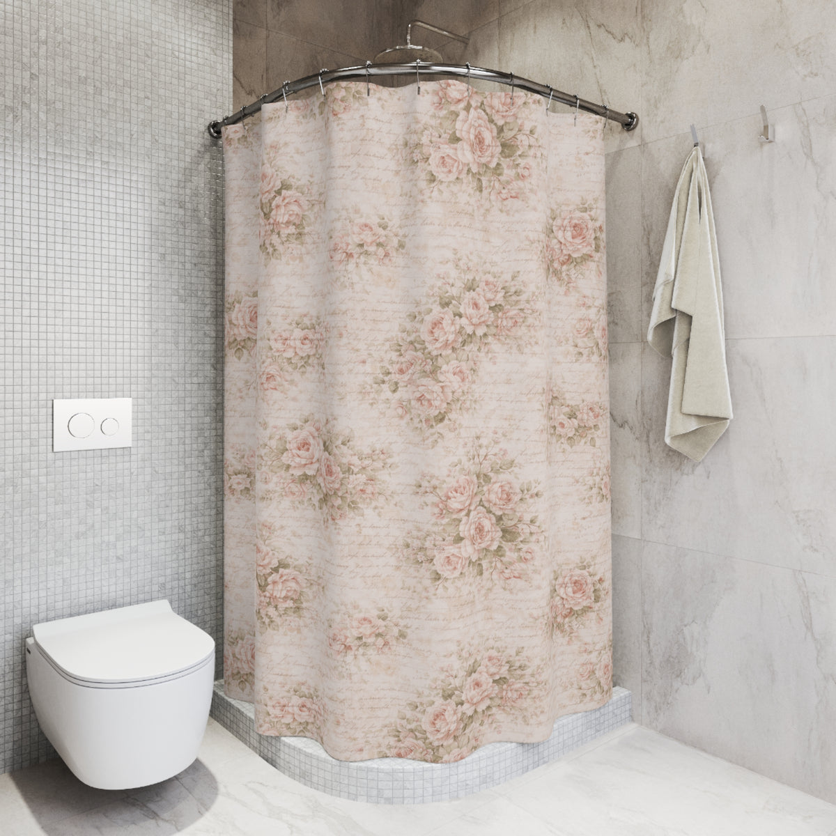 Chateaucore Soft Pink Roses Floral Shower Curtain, Victorian Bathroom Decor, French Script Country, Shabby Chic, Housewarming Wedding Gift