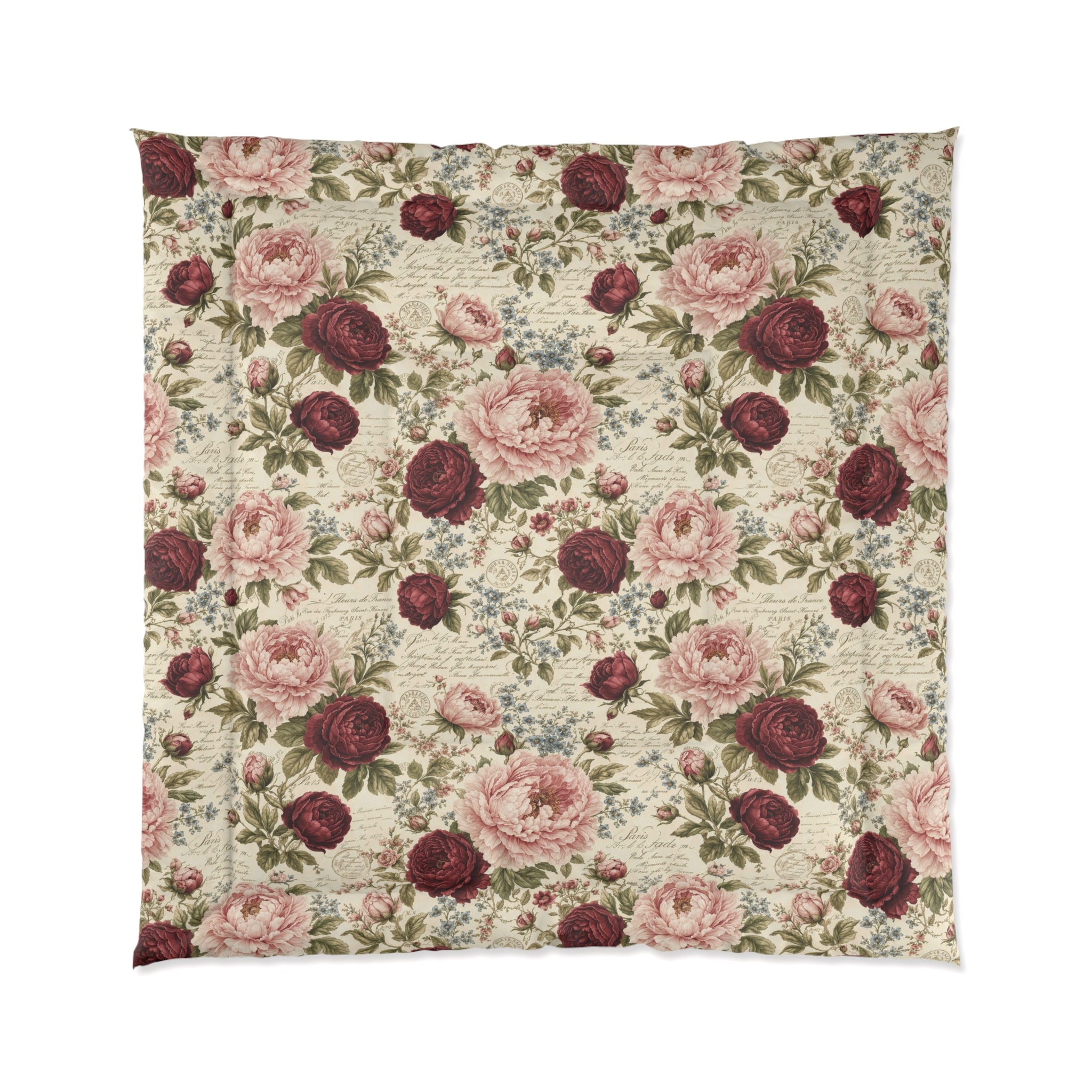 Chateaucore Soft Pink Burgundy Peonies Floral Comforter Set Floral Vintage Style Bedding Shabby Chic Victorian Queen King Twin French Romantic Bed