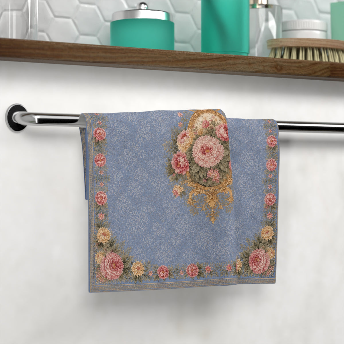 Dusty Blue & Blush Rose Washcloth, French Country Chateaucore Floral Face Towel, Vintage Victorian Bathroom Decor