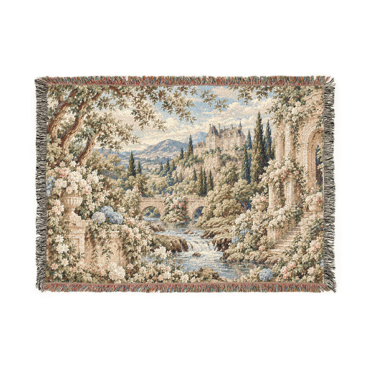 Dusty Blue Hydrangea Chateau Woven Blanket – French Country Garden Tapestry Throw, Romantic Cottagecore Decor