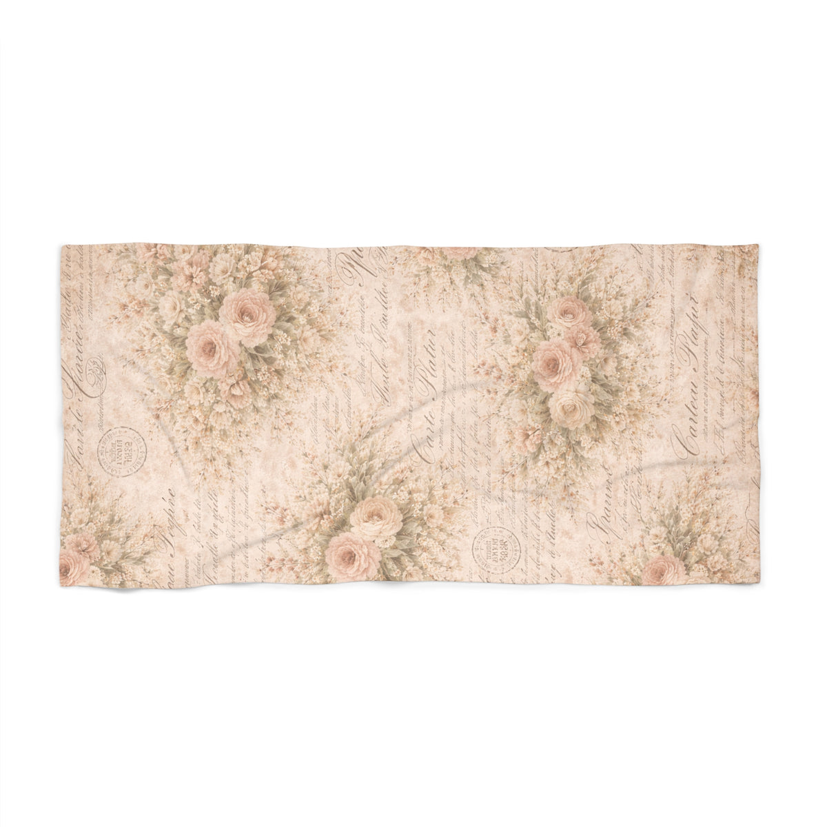 Blush Pink Rose French Script Oversized Bath Towel, Chateaucore Larg Floral Bath Sheet, Vintage French Country Romantic Shabby Chic Decor