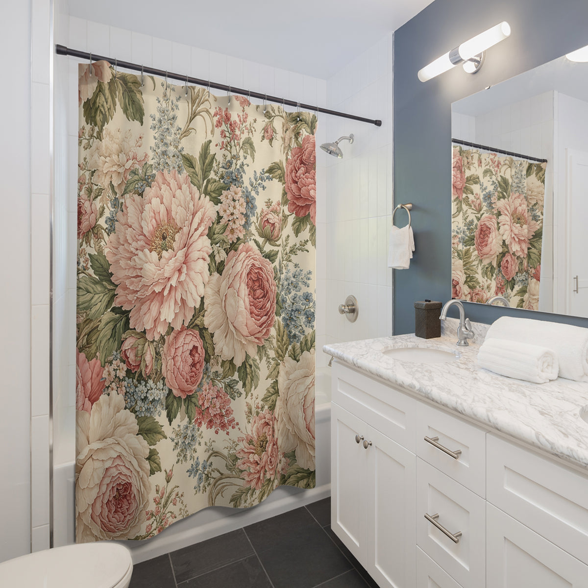 Pink Peonies Roses Floral Fabric Shower Curtain, Chateaucore Victorian Bathroom, French Country Cottage, Shabby Chic Bath Decor