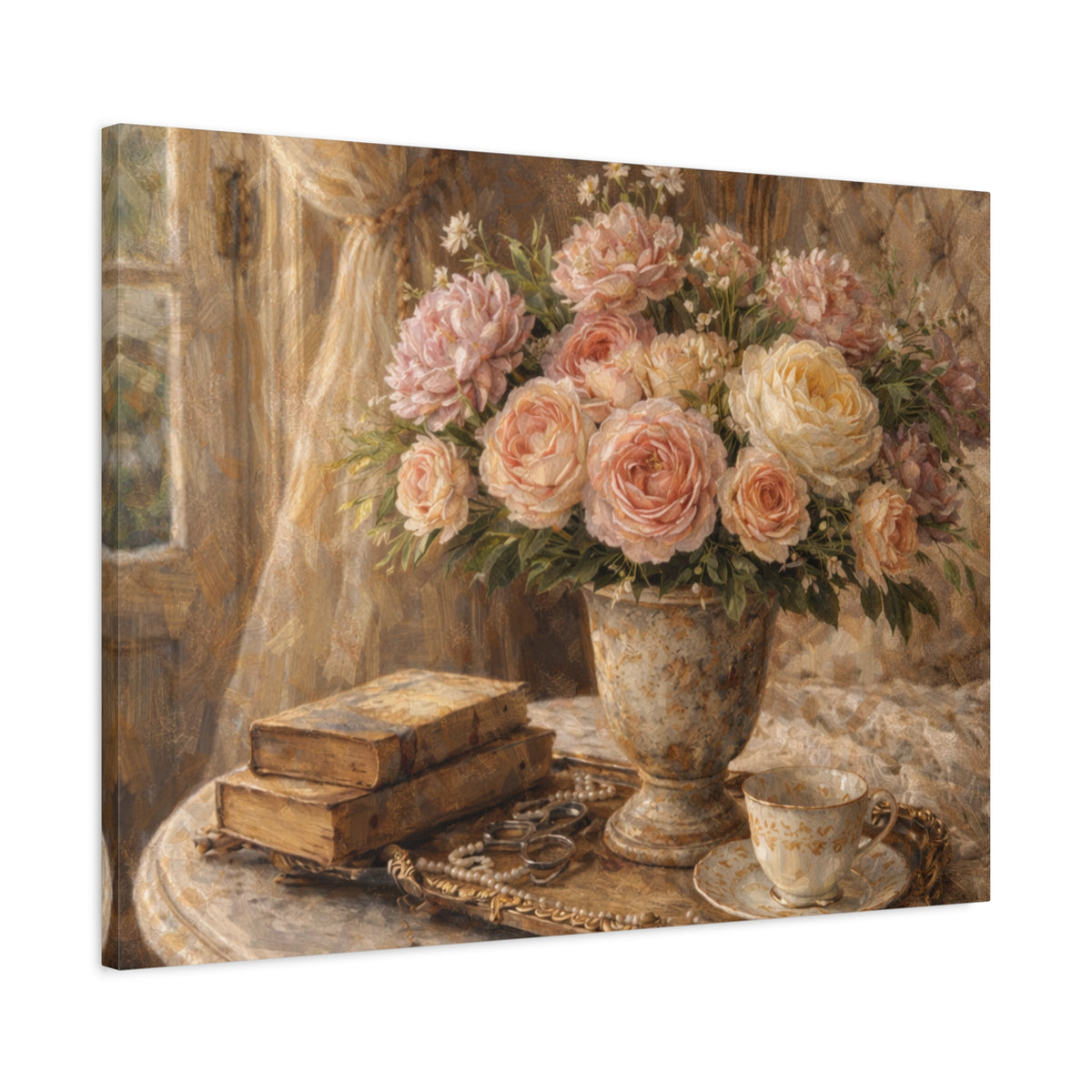 French Country Books Roses Canvas Wall Art Print, Chateaucore Floral Wall Hanging Decor, Victorian Romantic Home Decor, Gift Mom Grandma