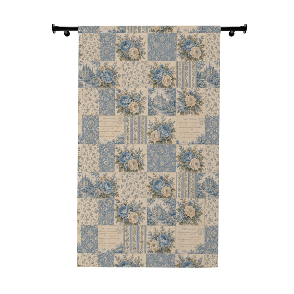French Country Patchwork Print Blackout Curtains, Blue Toile Floral Drapes Panels, Chateaucore Window Treatment, Cottagecore Decor