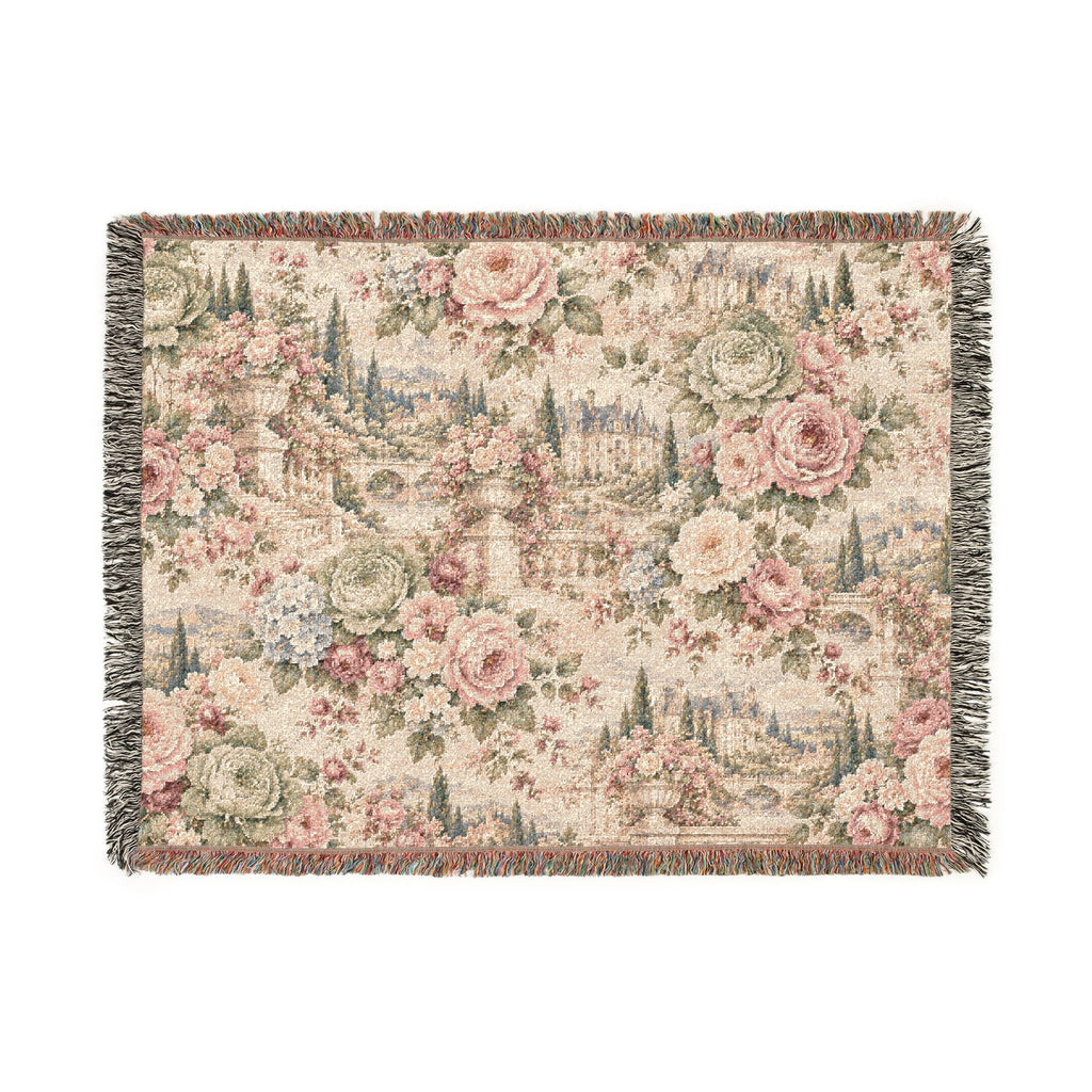 Antique Rose Cabbage Chintz Woven Blanket – French Country Floral Tapestry Throw, Romantic Grandmillennial Decor