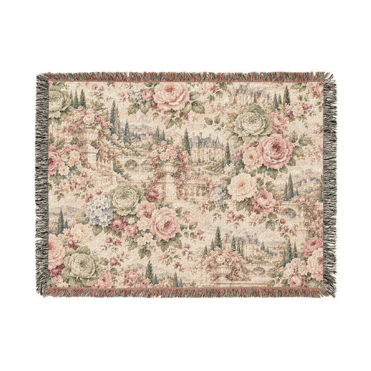 Antique Rose Cabbage Chintz Woven Blanket – French Country Floral Tapestry Throw, Romantic Grandmillennial Decor
