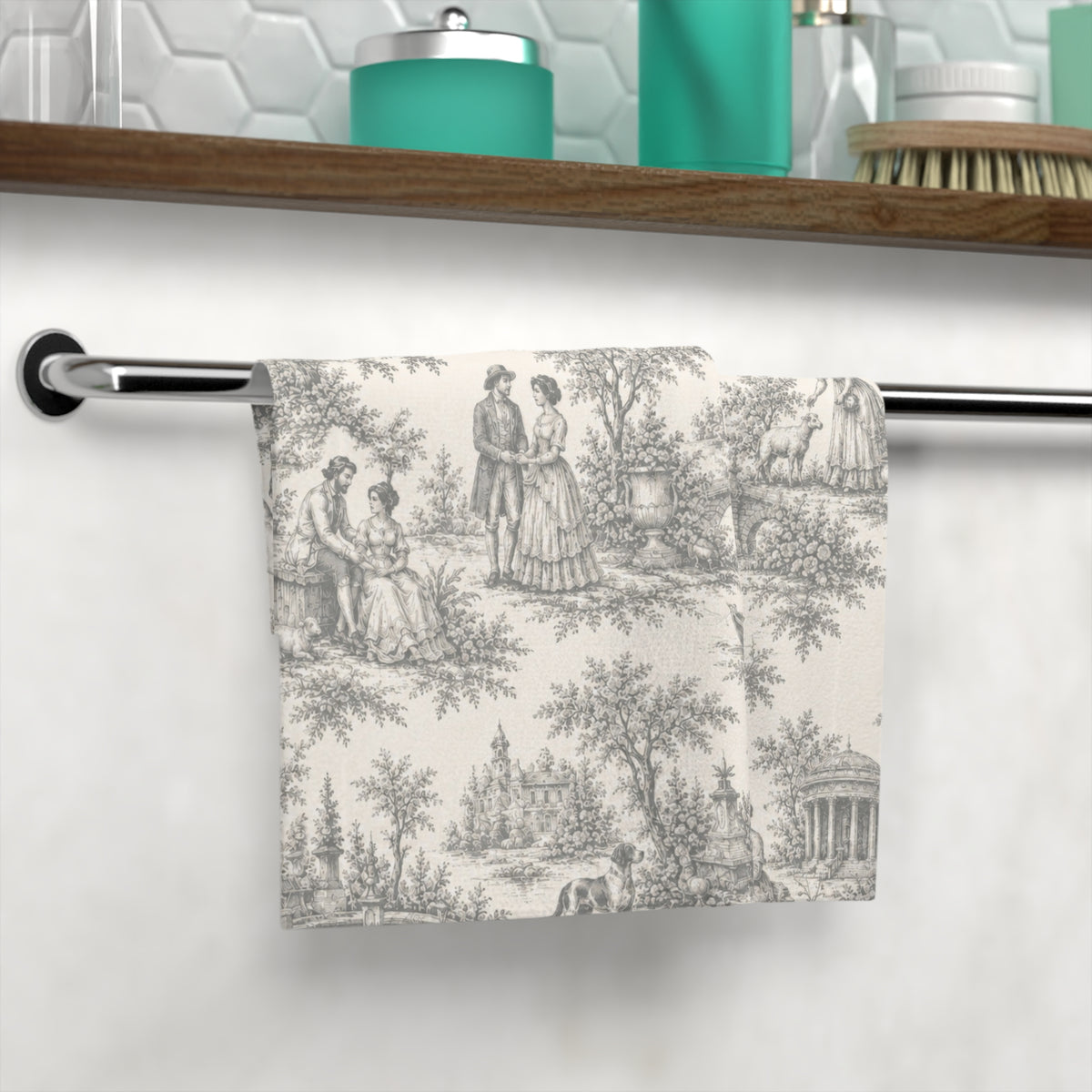 French Country Toile de Jouy Washcloth, Vintage Charcoal Nickel Gray Pastoral Bath Face Tea Cloth, Chateaucore Victorian Bathroom Decor