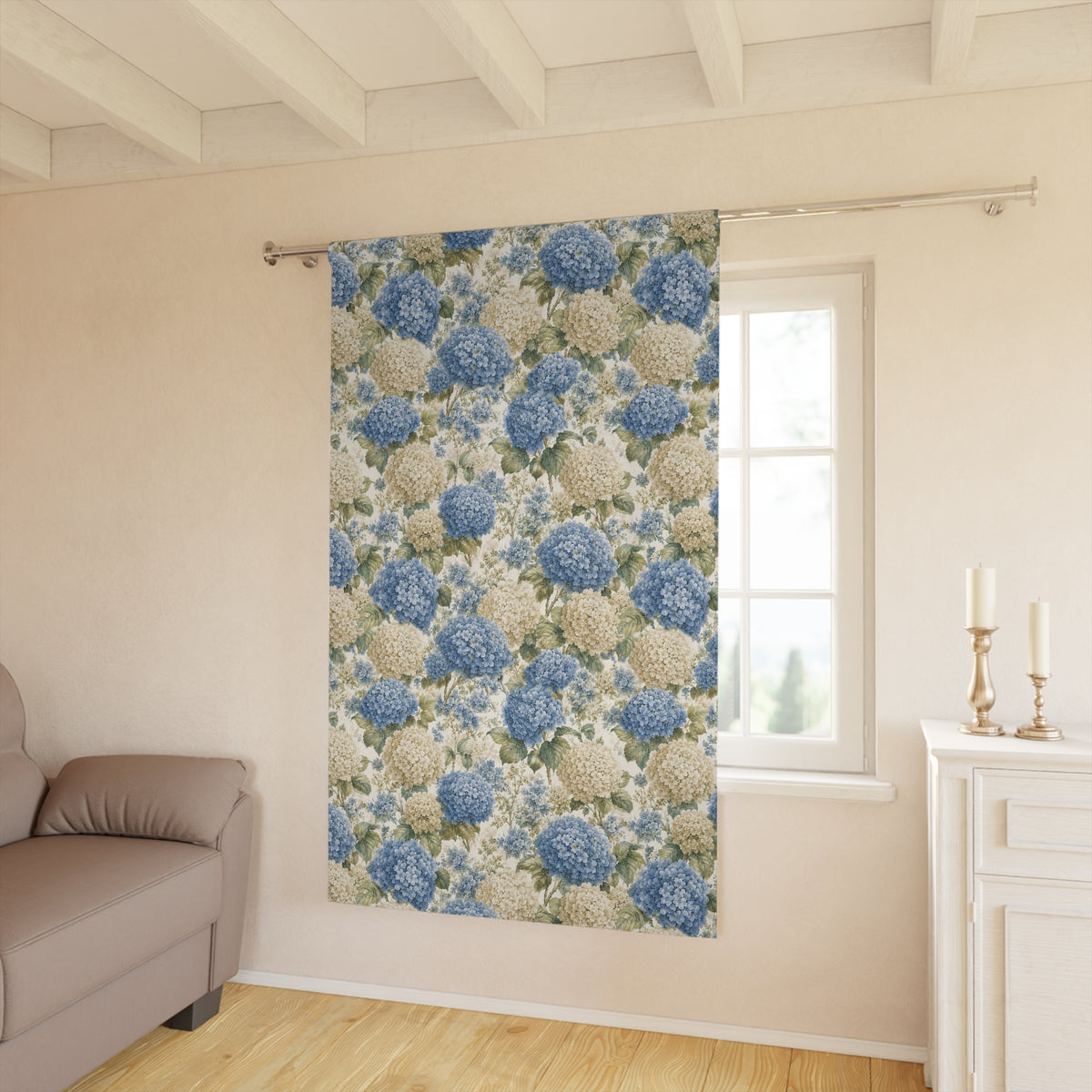 Blue Cream Hydrangea Black Out Long Curtains, French Country Floral Window Panels, Cottagecore Botanical Drapes, Chateaucore Farmhouse Decor