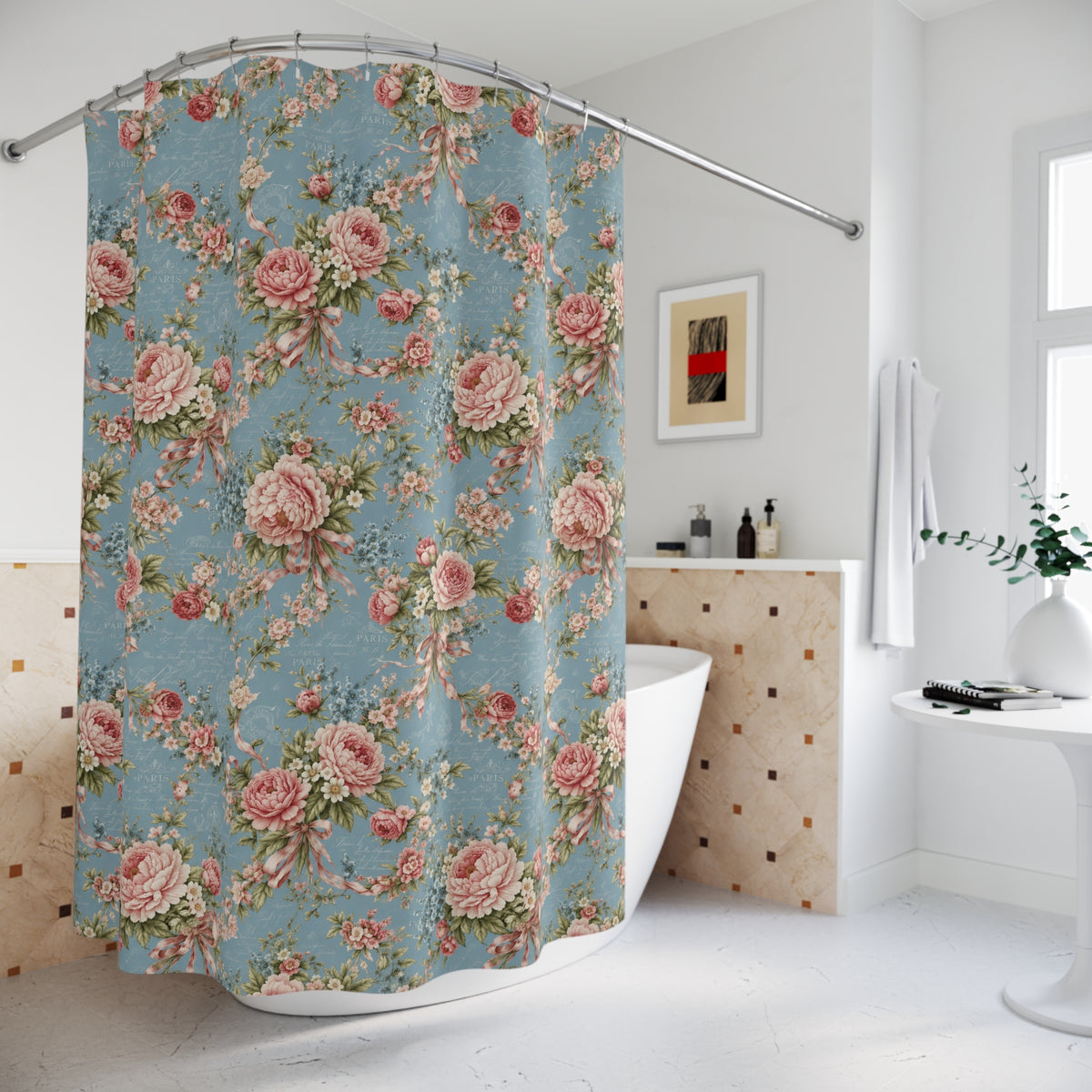 Pink Peonies Ribbons Blue Floral Fabric Shower Curtain, Victorian Bathroom, Chateaucore French Country Cottage, Shabby Chic Bath Decor