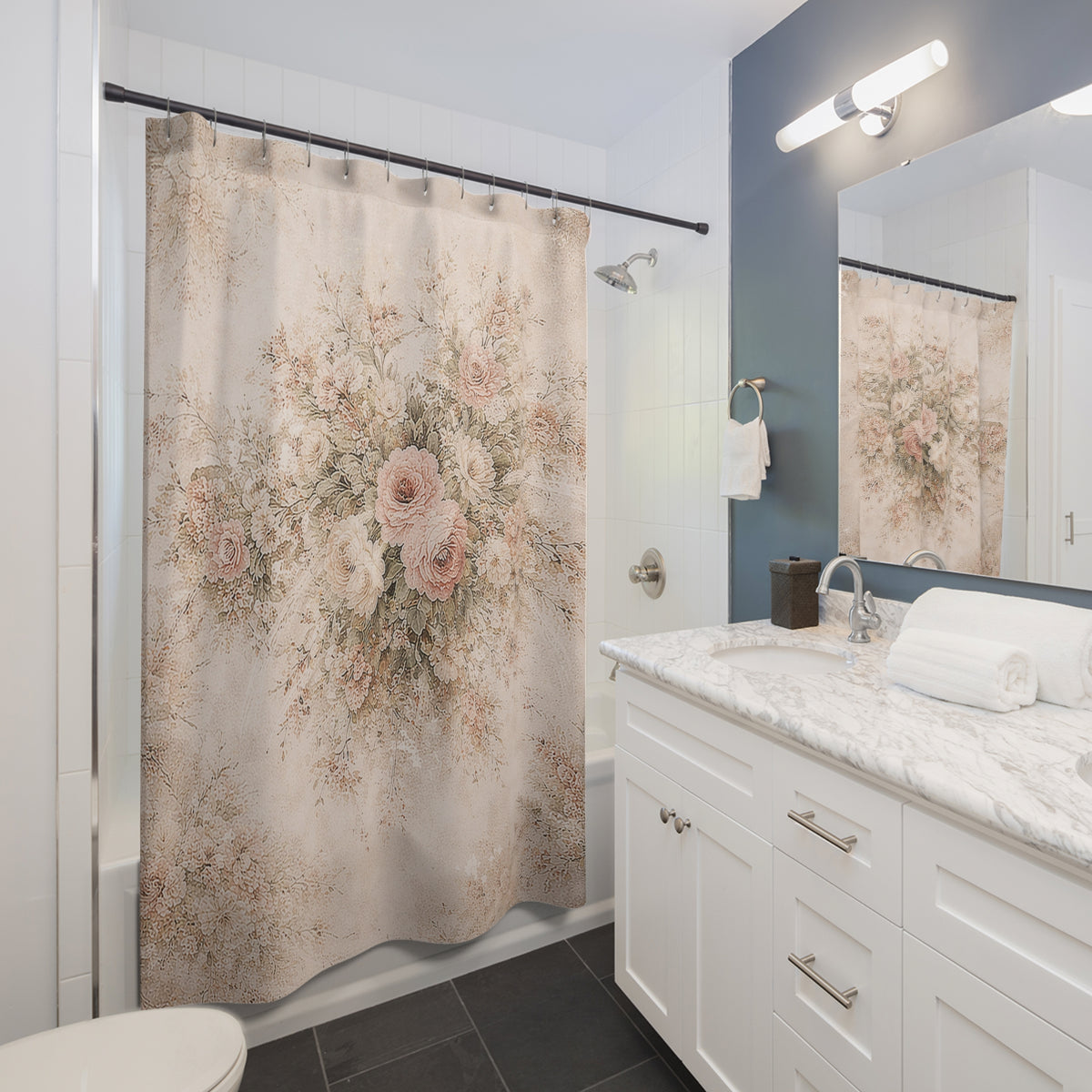 Chateaucore Soft Pink Roses Floral Shower Curtain, Victorian Bathroom Decor, French Country Cottage, Shabby Chic, Housewarming Wedding Gift