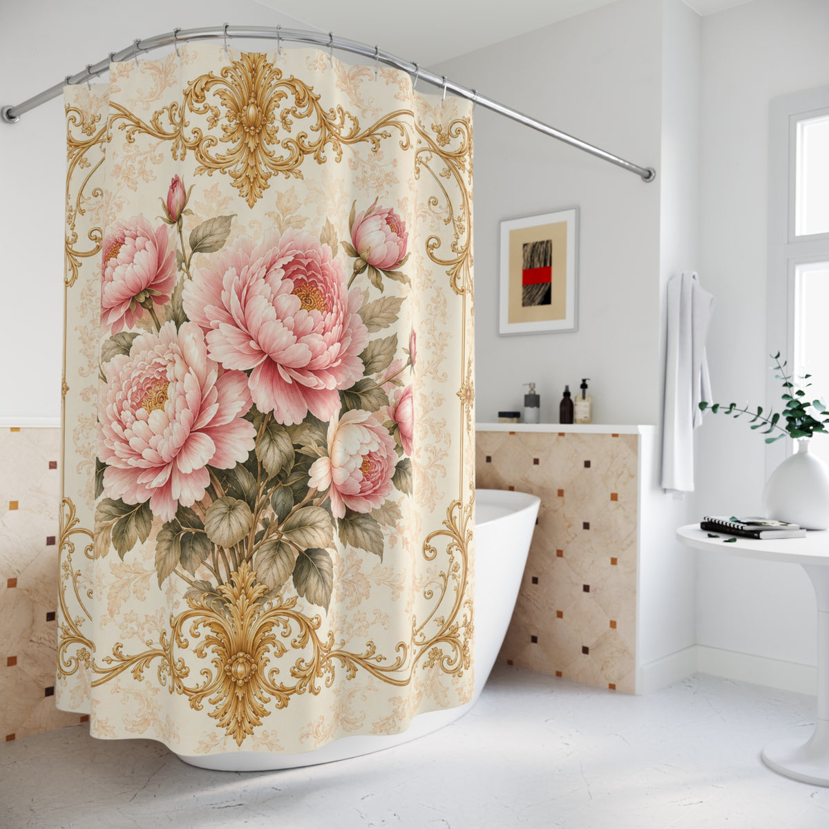 Pink Peonies Roses Floral Gold Scrollwork Fabric Shower Curtain, Victorian Rococo Decor, French Country Cottage, Shabby Chic Bathroom Makeover
