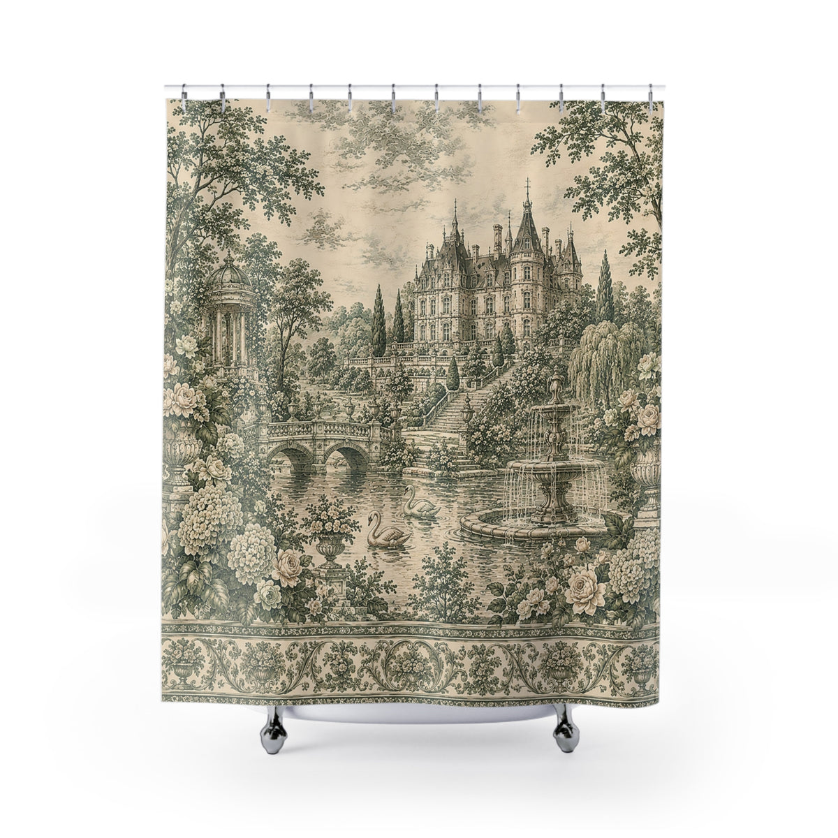 Sage Green French Toile Shower Curtain – Chateau Garden Swans – French Country Chateaucore Bathroom Decor