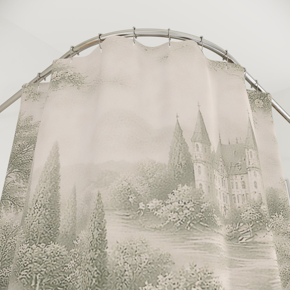 Soft Sage Toile de Joy Fabric Shower Curtain, Victorian Bathroom Decor, Chateaucore French Country Cottage, Shabby Chic, Housewarming Wedding Gift