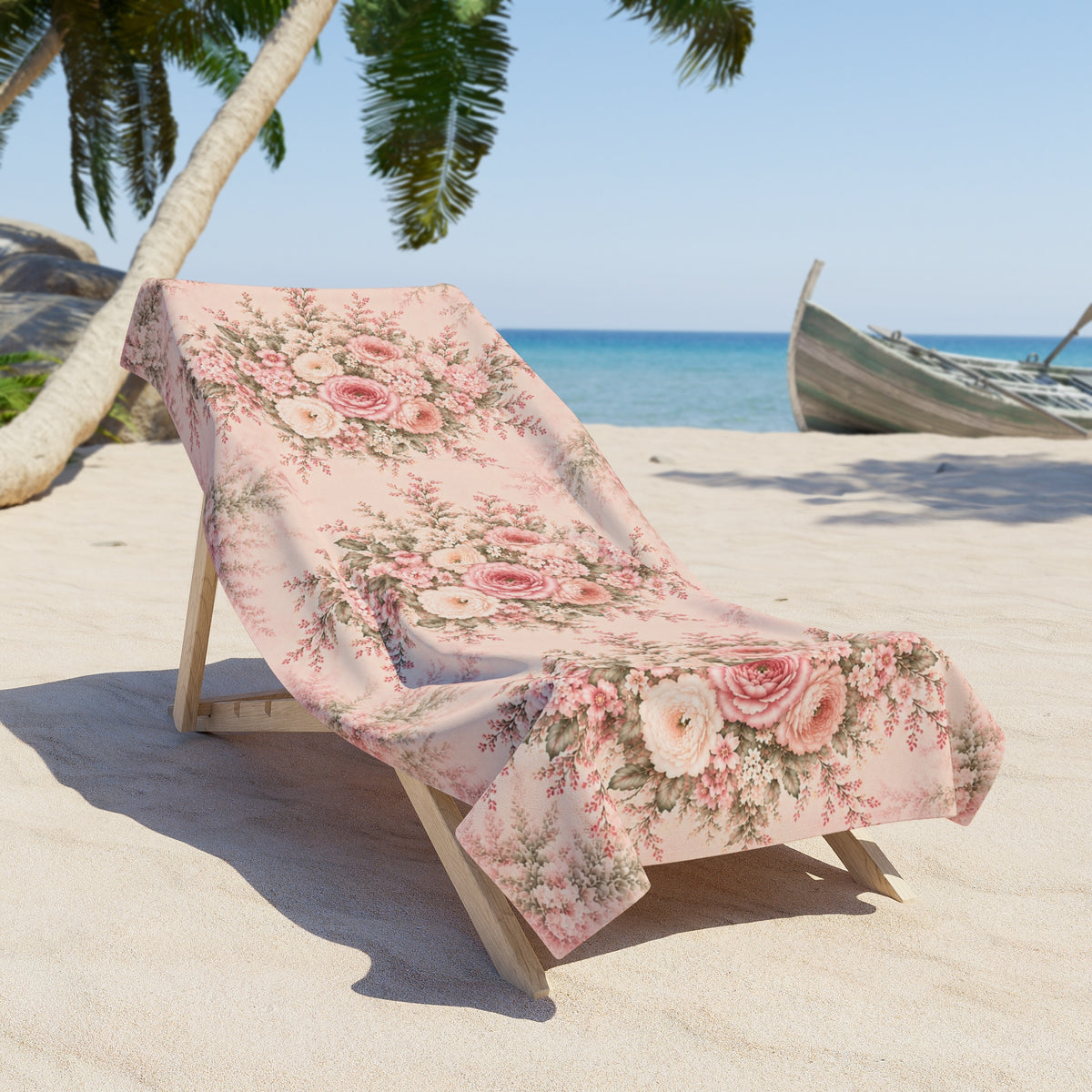 A pink floral beach or bath towel draped over a wooden lounge chair on a sandy beach, with palm trees, blue ocean, and a small boat in the background.