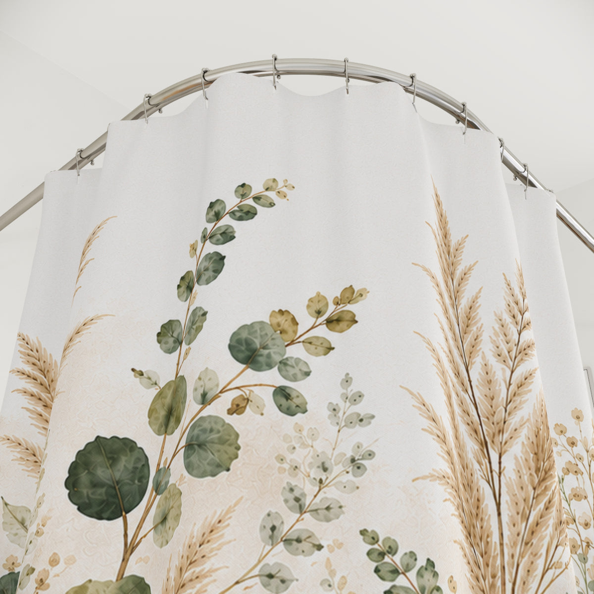 Eucalyptus & Pampas Grass Shower Curtain – Sage Green Botanical Spa Bathroom Decor, Neutral French Country Cottage Style