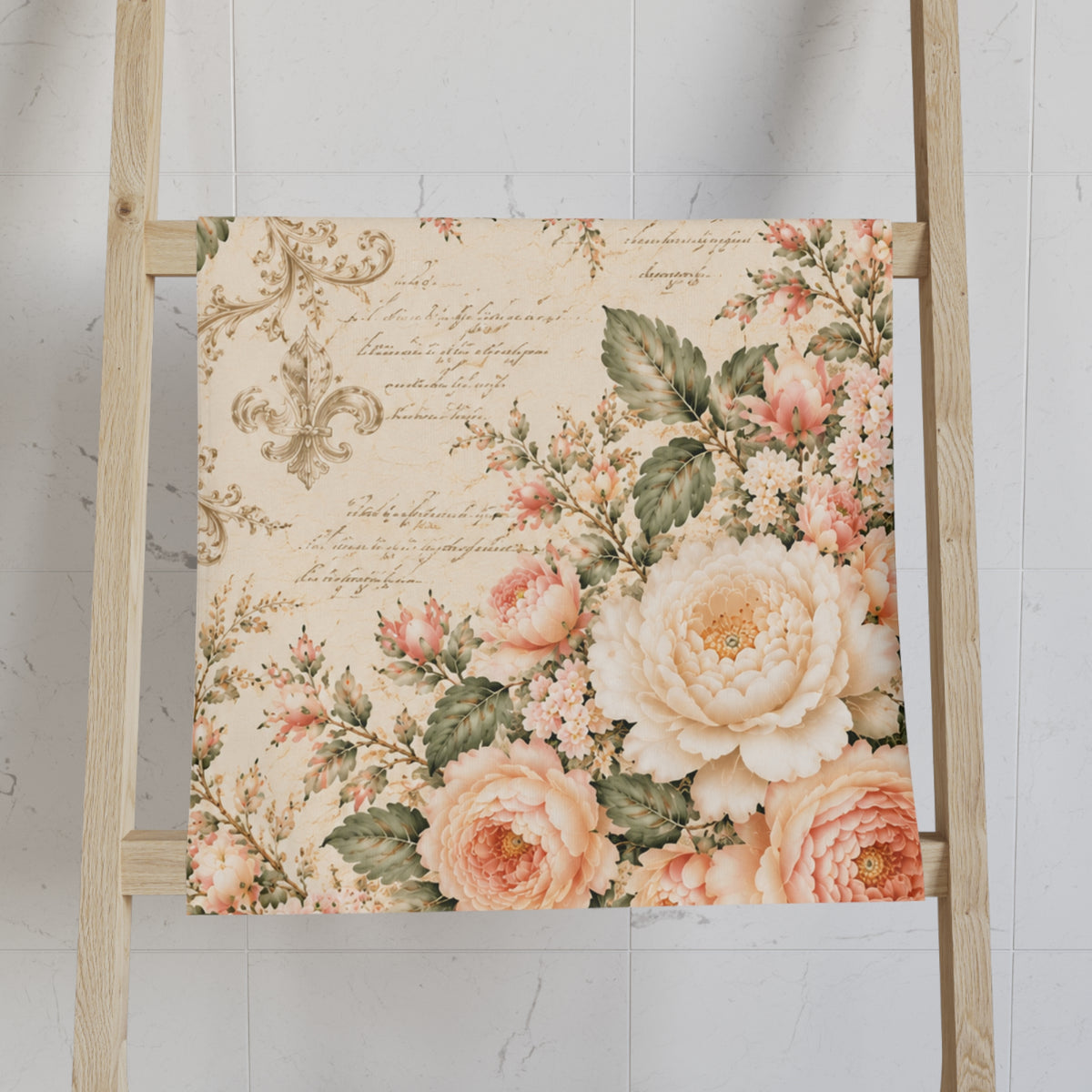 Peach Rose Château Hand Towel, French Country Script Fleur de Lis, Peach Floral Towel, Soft Sage Chateaucore Bathroom Decor