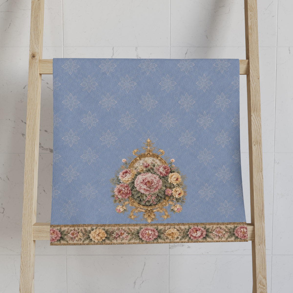 Dusty Blue Blush Rose Hand Towel, French Country Chateaucore Floral Towel, Vintage Victorian Shabby Chic Rococo Bathroom Decor