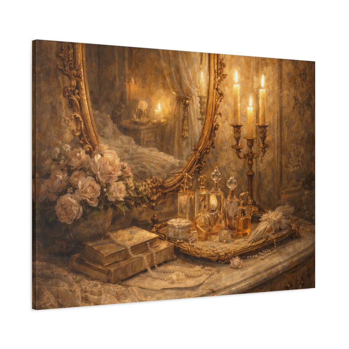 French Country Perfume Vanity Canvas Wall Art Print, Chateaucore Floral Wall Hanging Decor, Victorian Romantic Home Decor, Gift Mom Grandma