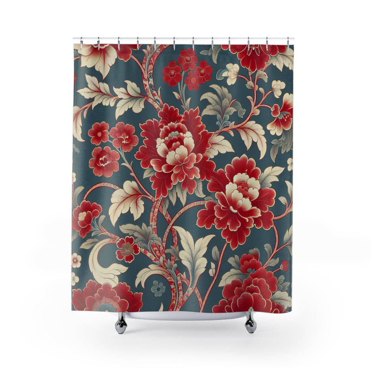 Red Green Floral Chinoiserie Floral Fabric Shower Curtain Victorian Bathroom Vintage Country Cottage Shabby Chic Housewarming Gift