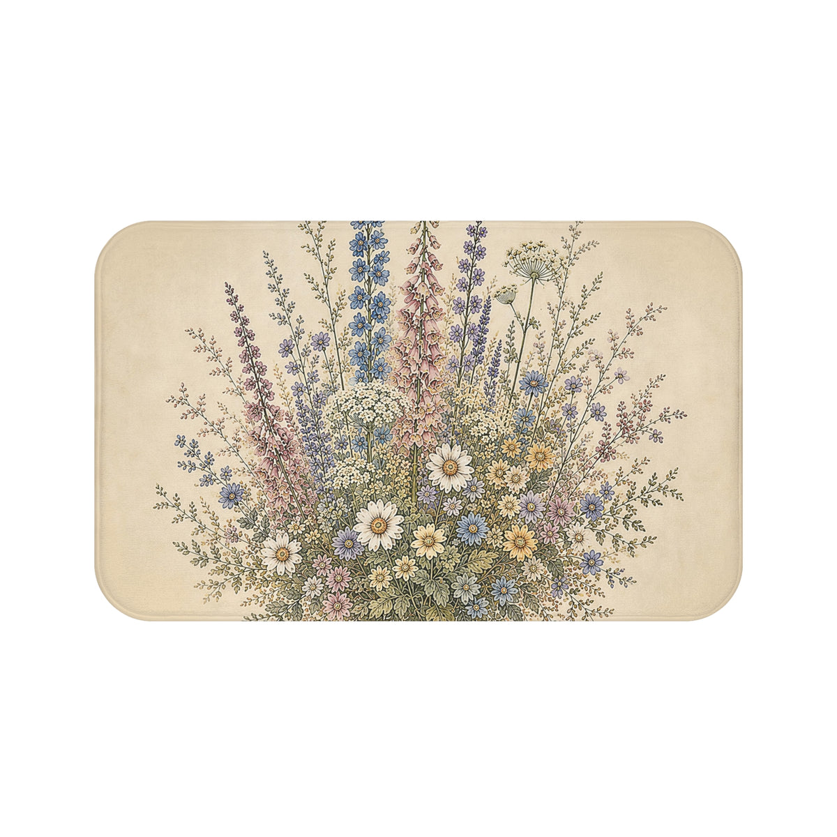 Wildflower Memory Foam Bathmat, Cottagecore Bathroom, Botanical Bath Rug | Pink Foxglove & Blue Delphinium | French Country Bathroom Decor