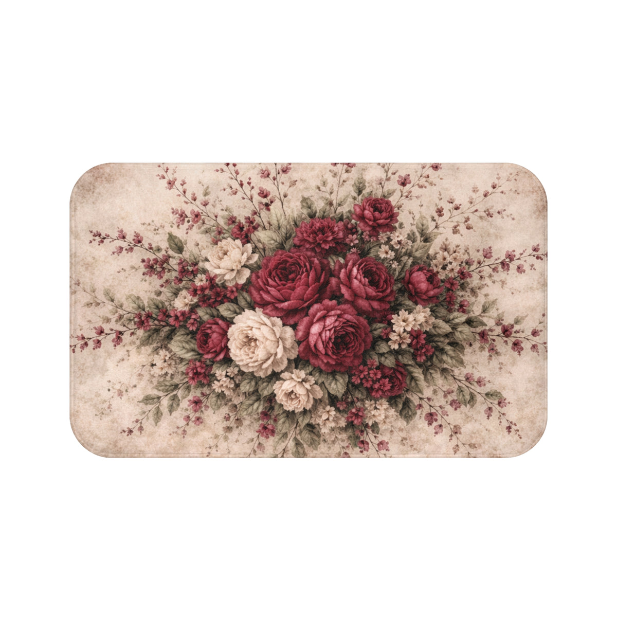 Burgundy Rose Memory Foam Bath Mat, Vintage Floral Bathroom Rug, French Country Chateaucore Victorian Shabby Chic Romantic Decor