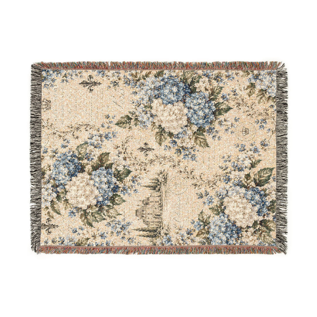 Blue Hydgrangea French Script Woven Throw Blanket – Vintage French Country Heirloom Floral Fringed Quilt, Tapestry Wall Hanging